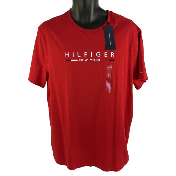 New Mens Tommy Hilfiger Short Sleeve T-Shirt Size Large Red Spellout NWT - Picture 1 of 7